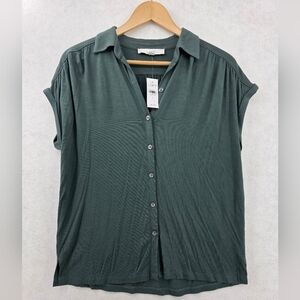 LOFT Olive Green Button Up Blouse Women's Size Small Short Cuff Sleeves